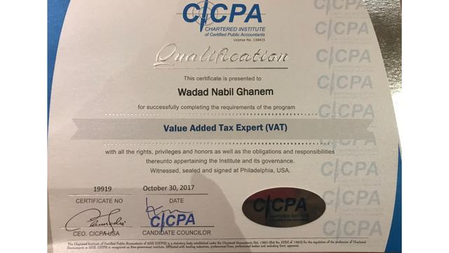 Scan of certificate: Qualification: Value Added Tax Expert (VAT)