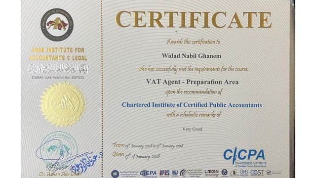 Scan of certificate: VAT Agent - Preparation Area