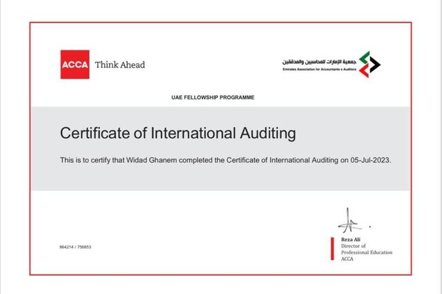 Scan of certificate: Certificate of International Auditing