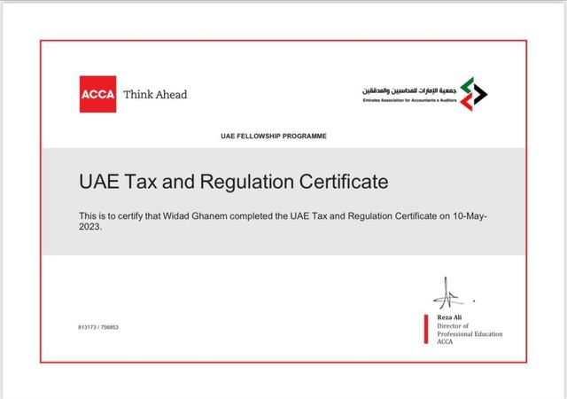 Scan of certificate: UAE Tax and Regulation Certificate