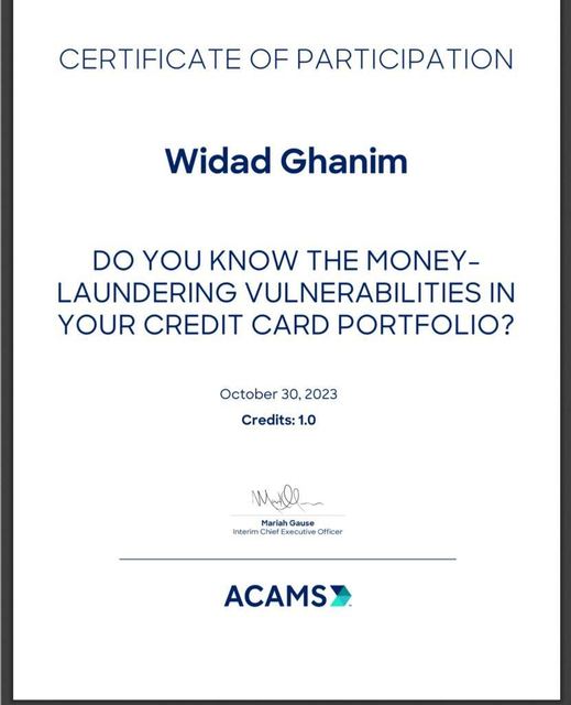 Scan of certificate: Money-laundering vulnerabilities in credit card portfolios