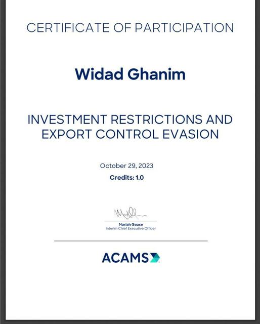 Scan of certificate: Investment restrictions and export control evasion