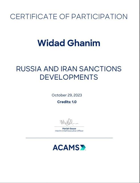 Scan of certificate: Russia and Iran sanctions developments